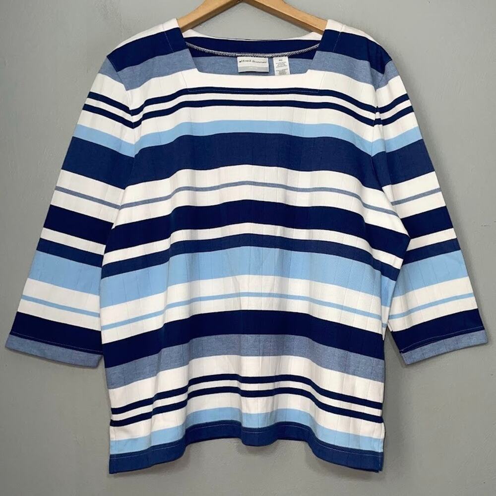 Alfred Dunner Knit Shirt Petite Size XL Blue White Striped Nautical Coastal Chic